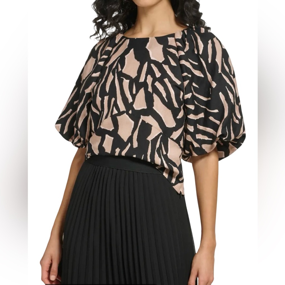 (NWT) DKNY - Women’s Abstract Print Puff Sleeve Linen Blend Blouse - Picture 3 of 16